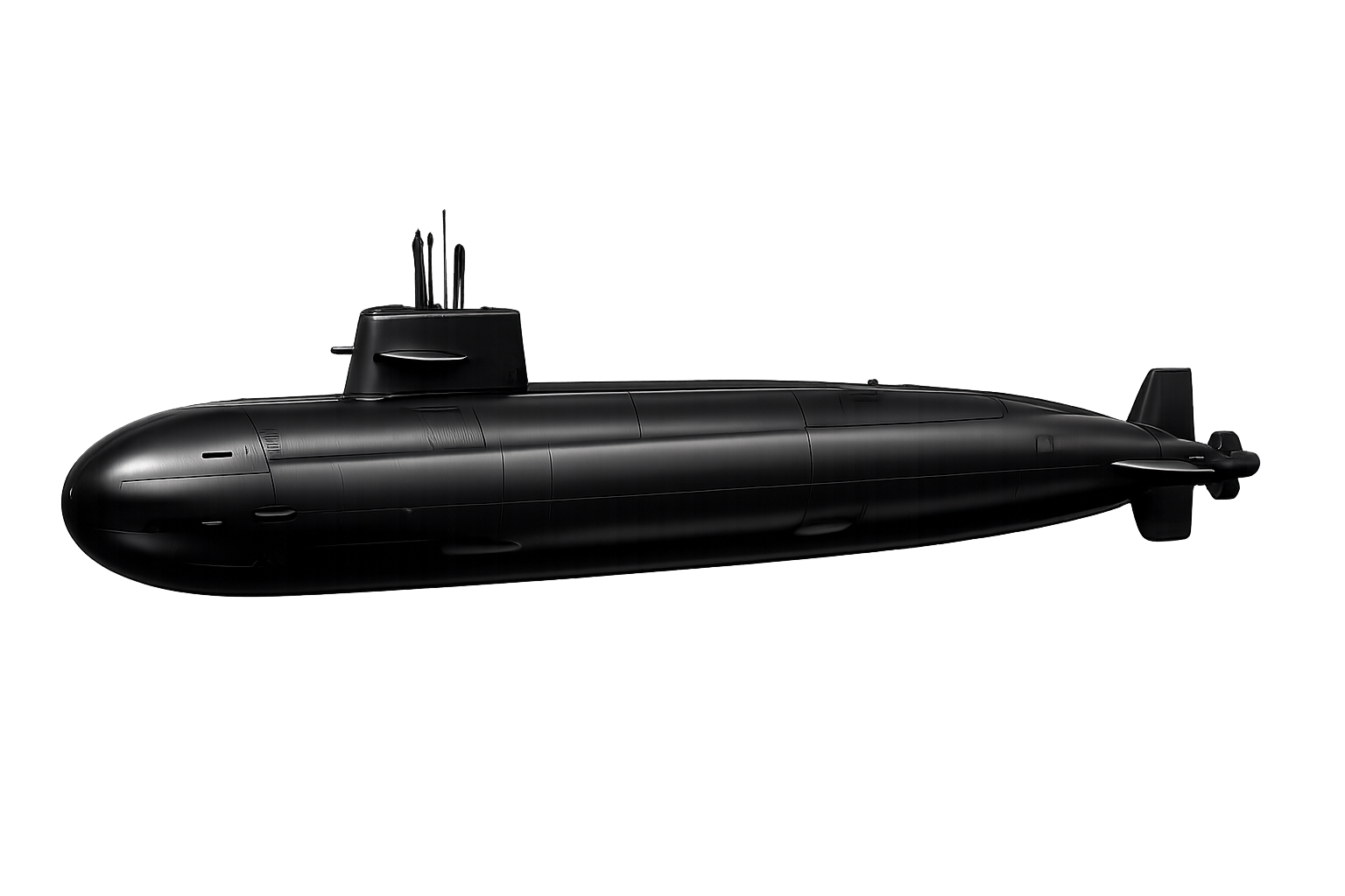 Black metallic submarine descending into deep ocean water