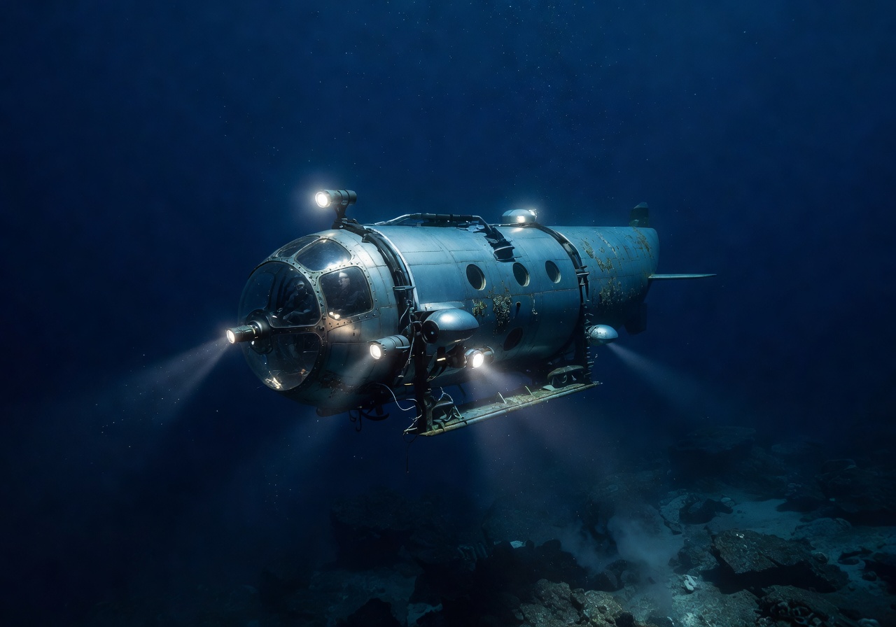 Mid-range explorer submarine in deep blue ocean